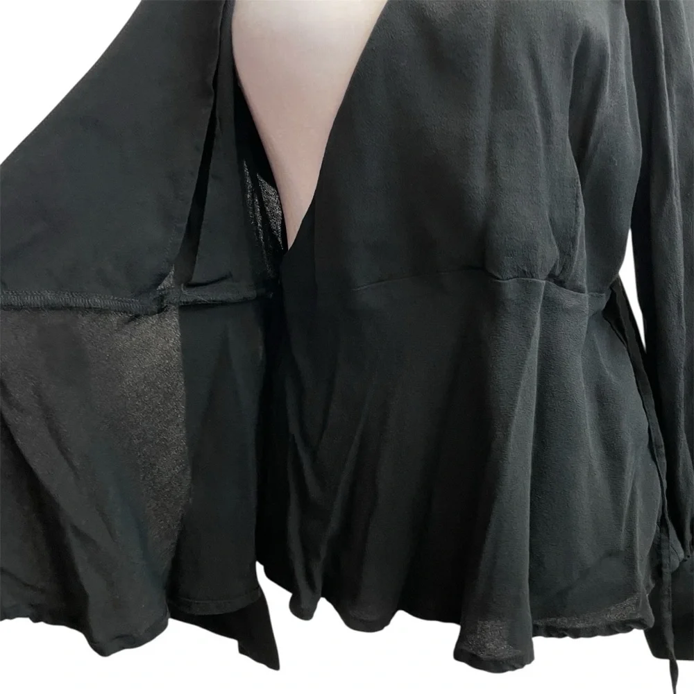 J Crew Black Long Sleeve Wrap Front Crepe Blouse